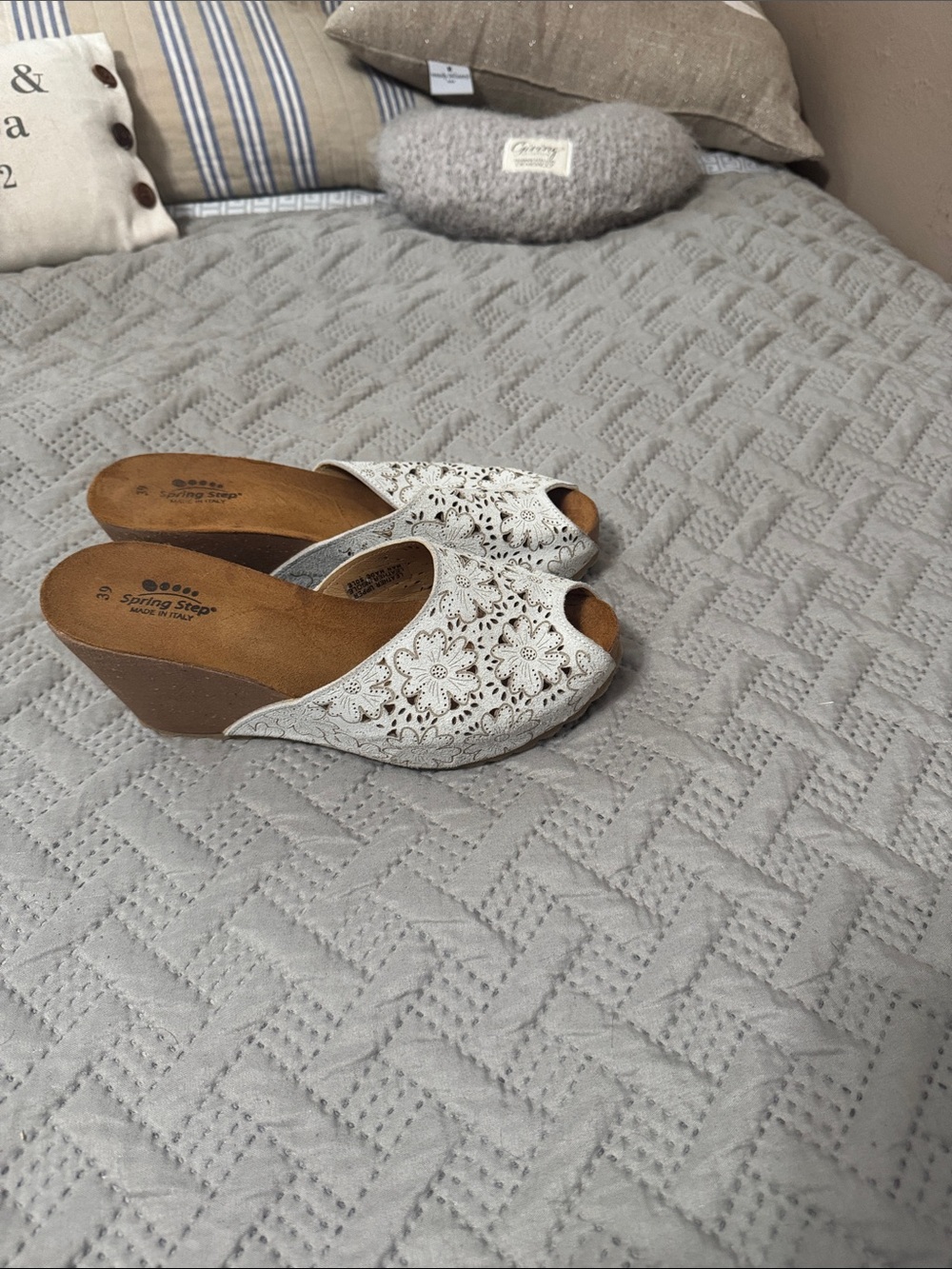 Spring Step White Floral Laser-Cut Wedge Slides